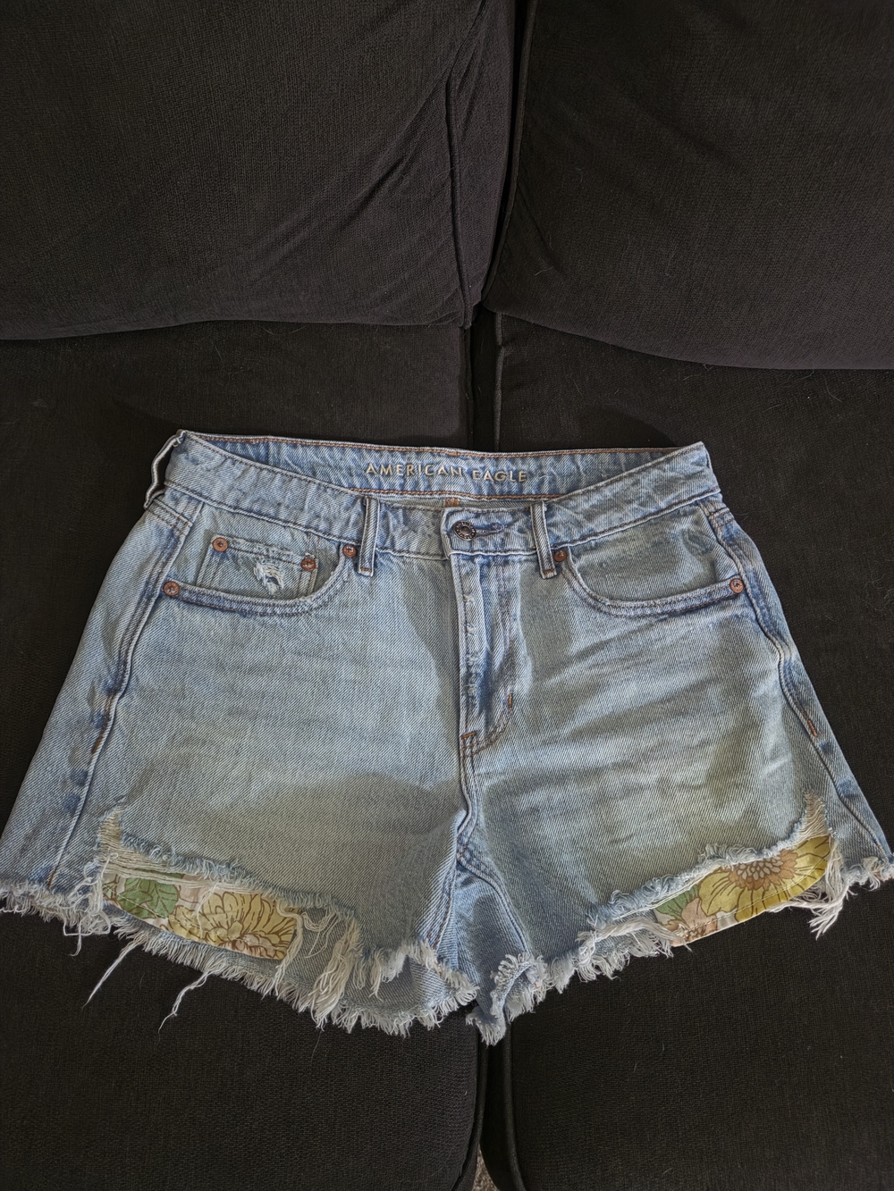 American Eagle Outfitters Light Blue Distressed Denim Shorts with Floral Insets